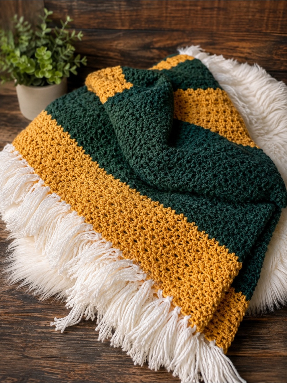 Handmade Green and Mustard Crochet Throw Blanket with White Fringe